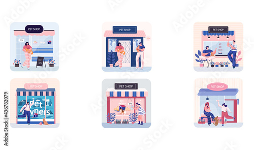 Pet shop concept, awning with big windows, domestic animal accessories store indoors scenes set. People walking with dog and cat. Pet owners buy food and goods for playing and caring for little friend