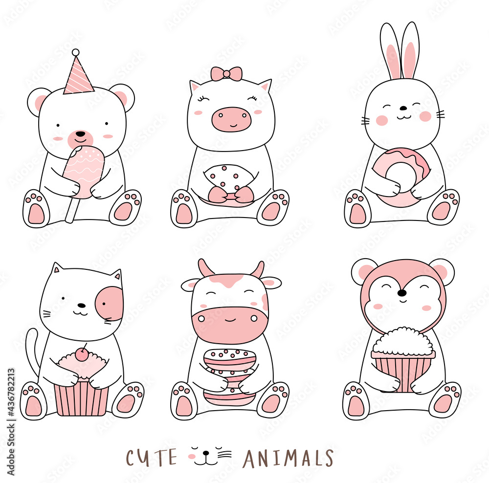 Cartoon sketch the cute animals. Hand drawn style.