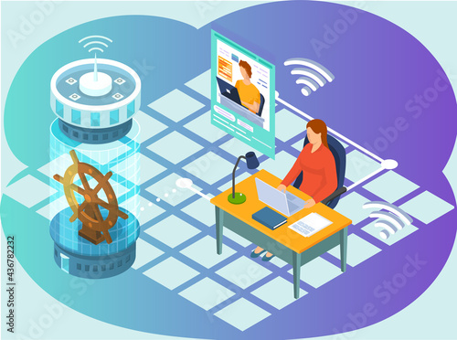 Online collaboration, remote business management, wireless computing service concept. Project management concept. Remote business. Coworking team of users connected by cloud computing video conference