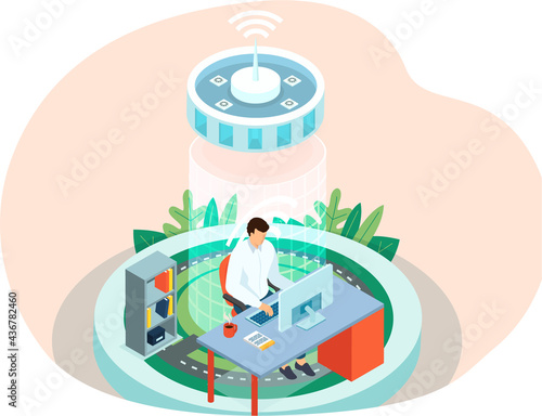 Man sitting with computer communicating online, people connecting together, learning and meeting online via teleconference or video call remote working on laptop computer, work from home and anywhere