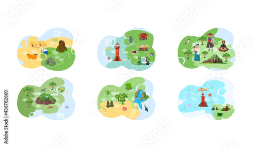 Wellcom to Jeju island in South Korea, traditional elements. Layout of postcard with invitation to island for tourists. Nature and architecture of island in Korea. Attraction landmarks of Jeju