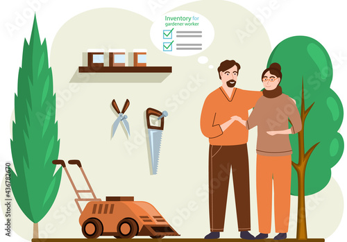 Gardeners man and woman standing in shed with garden tools and lawn mower. Worker cutting grass in garden with weed trimmer. Couple of farmers work in yard, take care of trees and plants on site