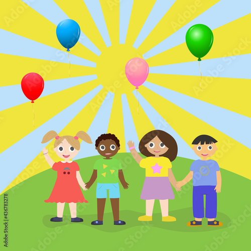 Children of different nationalities in a green meadow under the sun. Vector illustration.