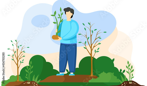 Farmer plants seedling. Cartoon agricultural worker takes care of crops, gardener grows bush. Happy man working in garden plants small tree sapling in spring, volunteer cares about environment