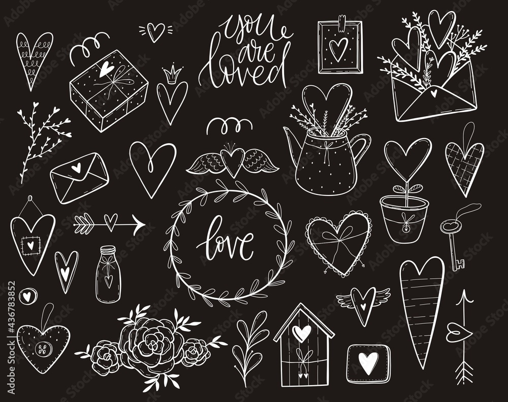 Hand drawn abstract doodle set with hearts, flowers, gift, home, decor elements. Romantic mood design. Valentine's Day - print