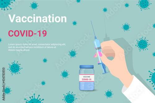 Vaccination against the coronavirus COVID-19.Coronavirus vaccine, universal vaccination, protection against infection.The doctor's hands are vaccinated with a syringe.Vector poster and banner.