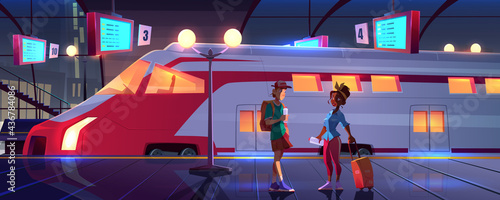 People on railroad station platform with high speed electric train. Passengers waiting commuter for on dark indoor subway area with digital schedule and glow street lamps, Cartoon vector illustration