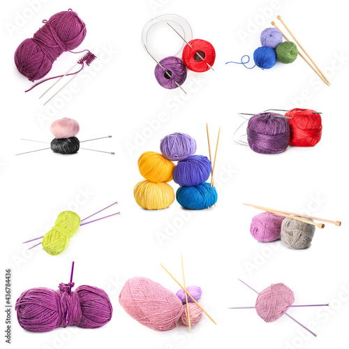 Set of knitting yarns and needles on white background