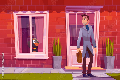 Man leaving home with dog see off him through the window. Owner male character holding bag going at work, dog waiting at home. Friendship and love to domestic animal, Cartoon Vector Illustration
