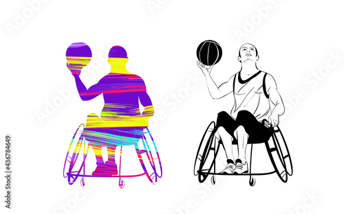 People with disabilities in sport action. Silhouettes with colorful brush strokes inside. Vector illustration on white background.