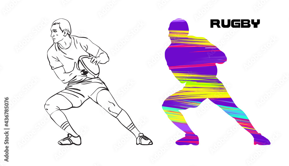 Poster with people in dynamic game or action. Colorful silhouettes with brush stroke inside.