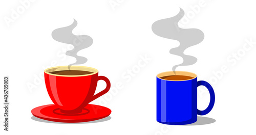 Red and blue cup of coffee or tea. Coffee cup with smoke float up. Vector Illustration. Flat style. Decorative design for cafeteria, posters, banners, cards.