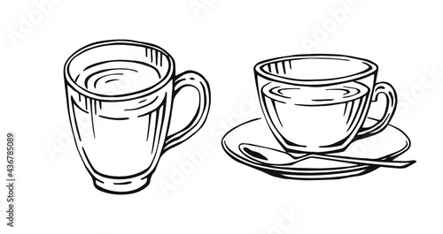 Hand drawn cup mug of hot drink coffee  tea etc. Cup isolated on white background. Teacup  coffee cup. Morning fresh drink. Vector illustration