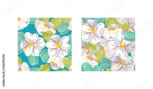 A collection of seamless floral prints. Apple tree flowers on a blue background with foliage