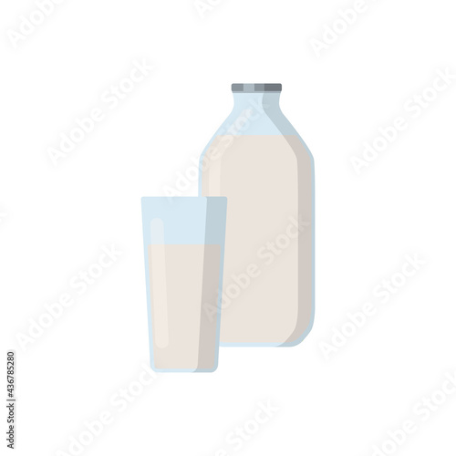 Flat vector illustration set of milk, kefir iin old fashioned glass bottle and glass of milk. Isolated on white background.