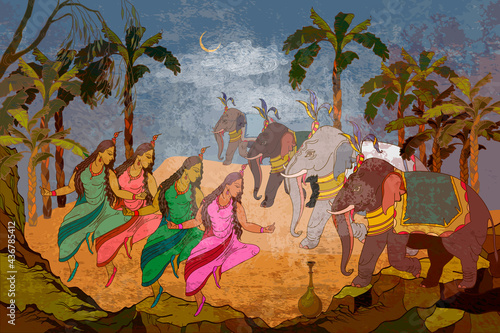 Ancient frescoes. Gods of India. Ramayana. Dancing goddesses in the jungle. Religion. Hinduism. Traditional indian mural paintings style. Old Asian culture. Mythology, tradition and history
