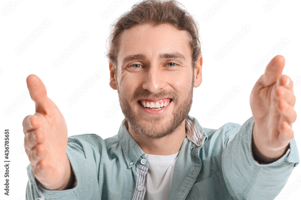 Young man opening arms for hug on white background Young man opening arms for hug on white background