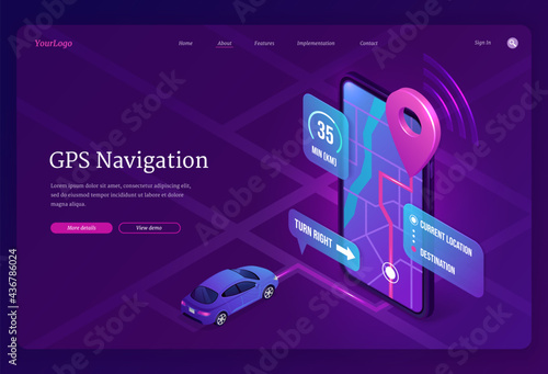 GPS navigation banner. Online digital service for vehicle with location search on mobile phone. Vector landing page of route app with isometric illustration of car and smartphone with map