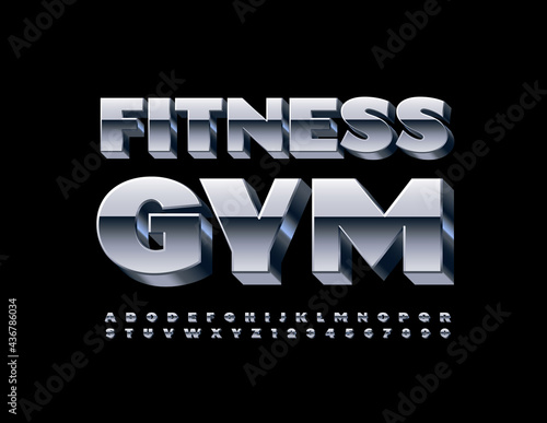Vector modern logo Fitness Gym. 3D Iron Font. Set of Steel Bold Alphabet Letters and Numbers