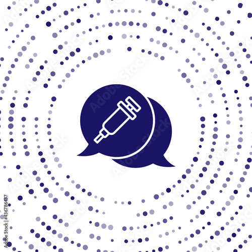 Blue Addiction to the drug icon isolated on white background. Heroin, narcotic, addiction, illegal. Sick junkie with a syringe and medical pills. Abstract circle random dots. Vector