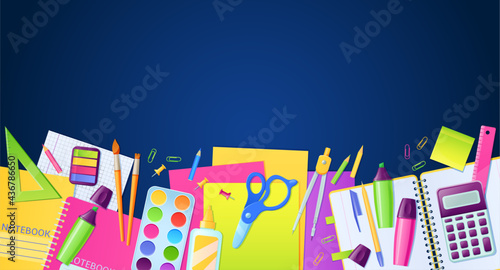 School poster with stationery and education supplies for children study on blue background. Vector cartoon poster with border of school stuff, pen, pencils, eraser, notebooks, scissor and calculator