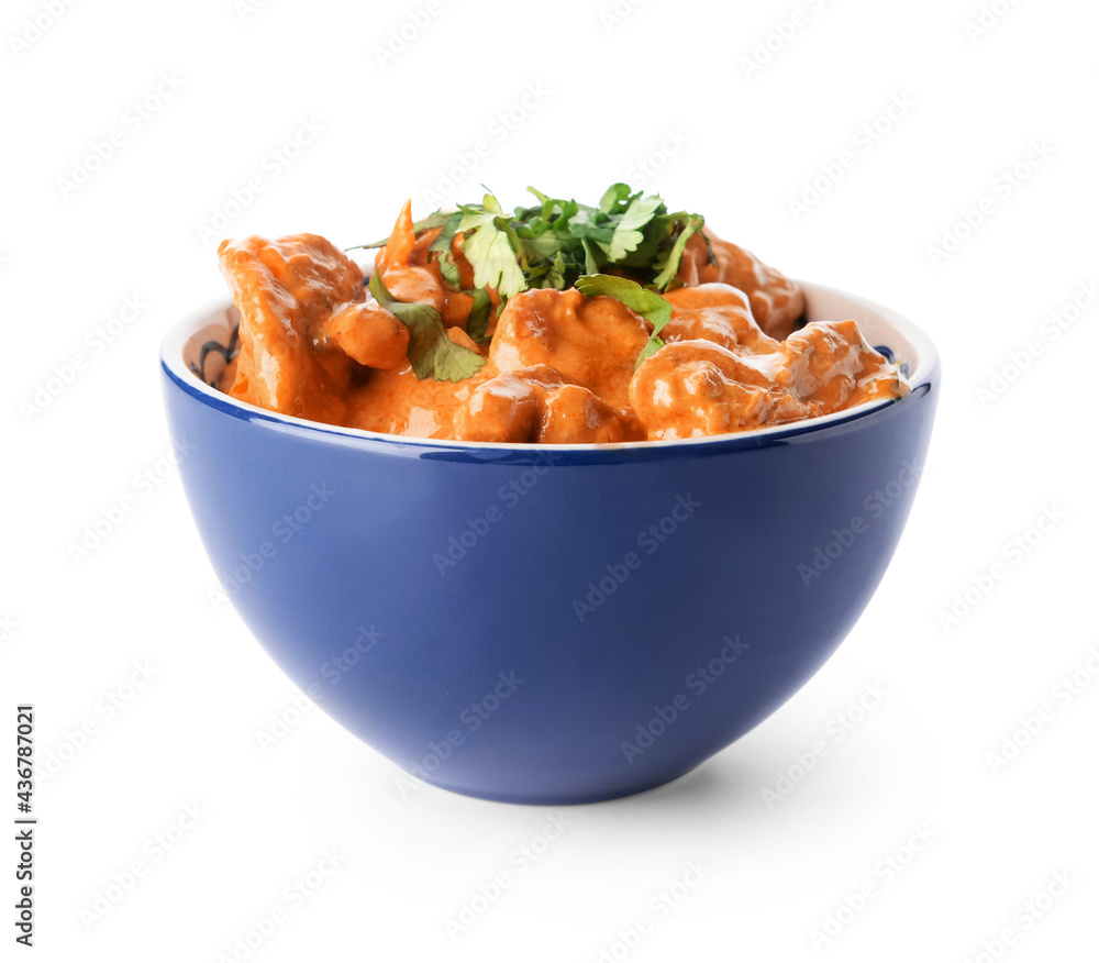Bowl of tasty chicken tikka masala on white background Bowl of tasty chicken tikka masala on white background