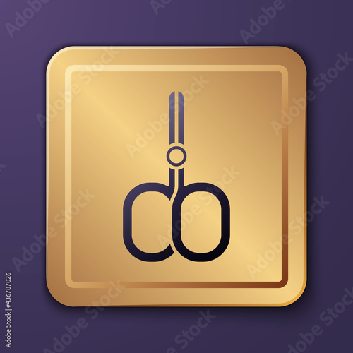 Purple Nail scissors cuticle cut beauty salon icon isolated on purple background. Cosmetic scissors for manicure. Gold square button. Vector