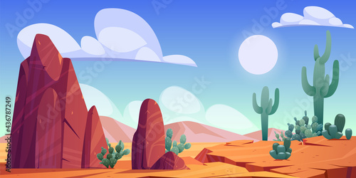 Desert landscape with rocks, cactuses and mountains on skyline. Vector cartoon illustration of hot sand desert in Africa with stones, dune, plants and sun in sky