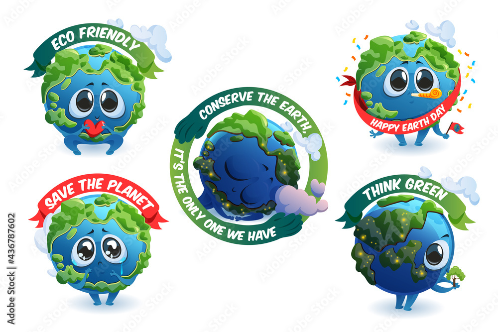 Emblems with cute Earth cartoon character, save planet concept with mascot  and ecological banners. Think green, eco friendly, happy Earth day  celebration and conservation labels, Cartoon vector set Stock Vector | Adobe