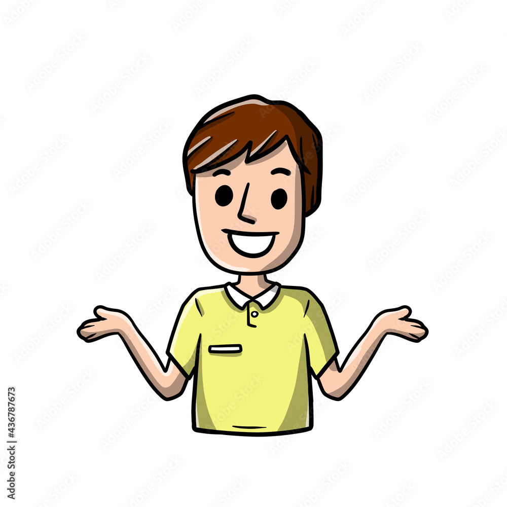 Man with the Spread hands. Uncertainty and shrugging. Smiling young man in shirt. Doubt and timidity. Hand drawn sketch cartoon. Funny illustration Man with the Spread hands. Uncertainty and shrugging. Smiling young man in shirt. Doubt and timidity. Hand drawn sketch cartoon. Funny illustration