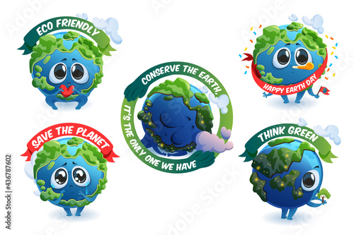 Emblems with cute Earth cartoon character, save planet concept with mascot and ecological banners. Think green, eco friendly, happy Earth day celebration and conservation labels, Cartoon vector set