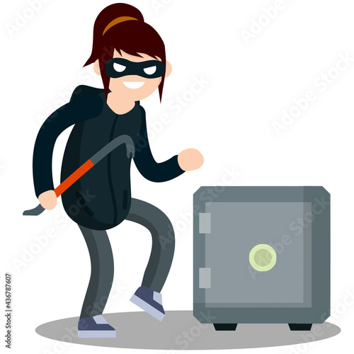 Woman Thief with crowbar and Bank safe. Breaking and stealing money. Criminal problem. Female offender sneaks. Cartoon flat illustration. Guy robber in black with mask