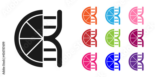 Black Genetically modified citrus fruit icon isolated on white background. Orange in a cut. Healthy lifestyle. GMO fruit. Set icons colorful. Vector