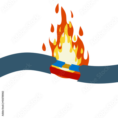 Blue damaged cable with red wire. short circuit. Cartoon flat illustration. Broken line. faulty electrical appliance. Safety rule. Orange flame and fire