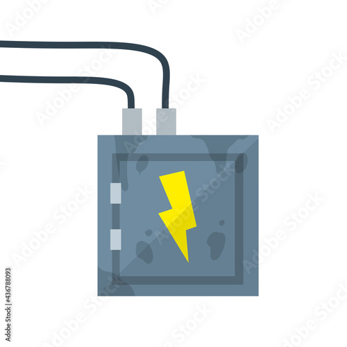 Switchboard. High voltage sensor. Technical industrial appliance. Danger sign - yellow lightning. Current switch. Cartoon flat illustration. Fuse and electrical engineering. Electrical wires in box