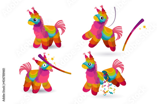 Pinata and stick for birthday party, mexican holiday and carnival. Funny toy from rainbow crepe paper with candies or surprise inside. Vector cartoon icons of funny pinata in shape of donkey photo