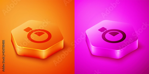 Isometric Stopwatch icon isolated on orange and pink background. Time timer sign. Chronometer sign. Hexagon button. Vector