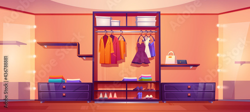 Spacious walk-in closet or dressing room full of male and female clothes. Dresses hang on hangers, bags and boxes with footwear on wardrobe shelves and illuminated mirrors cartoon vector illustration