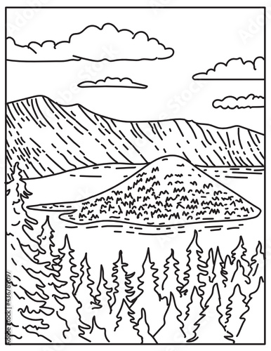 Mono line illustration of Crater Lake in within Crater Lake National Park located in south-central Oregon, United States of America done in retro black and white monoline line art style.