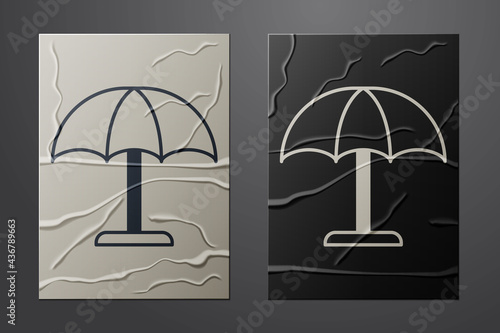 White Sun protective umbrella for beach icon isolated on crumpled paper background. Large parasol for outdoor space. Beach umbrella. Paper art style. Vector