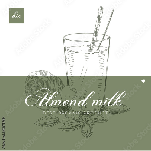 Poster with almond milk glass, retro hand drawn vector illustration.