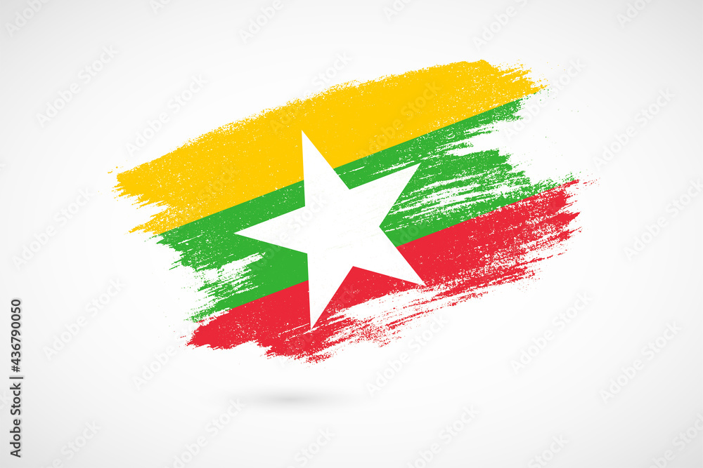 Fototapeta premium Happy independence day of Myanmar with vintage style brush flag background