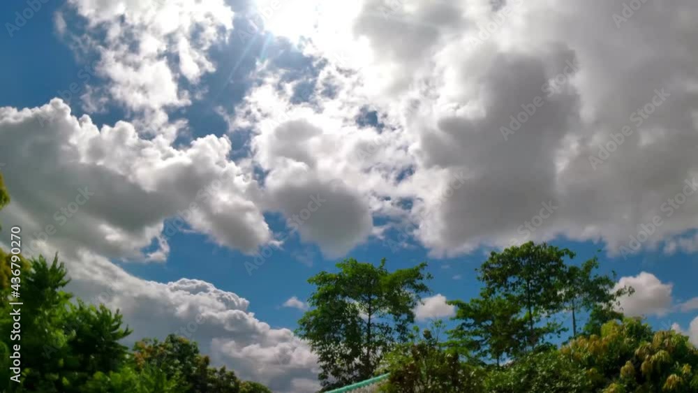 The sun shines down on the rain clouds as it moves through the treetops. timelaps. The sun shines down on the rain clouds as it moves through the treetops. timelaps.