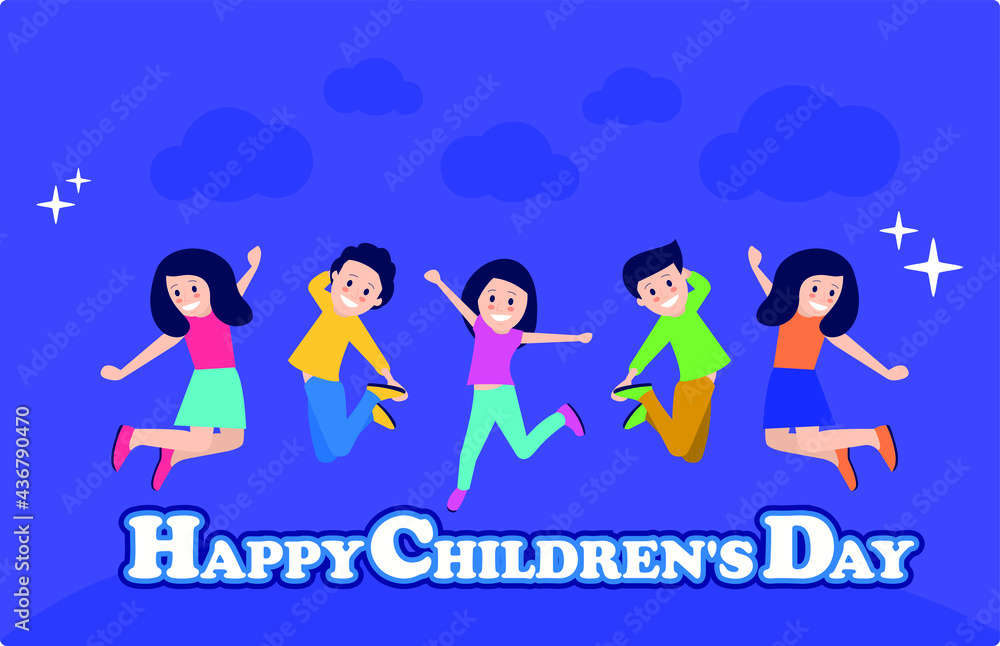 Fototapeta premium Happy Childrens Day Jumping Children Drawing
