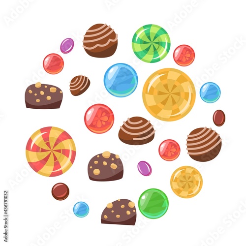 Sweets round. Assorted dessert. Candy caramel. Lollipops. Flat background isolated illustration. Vector..vertical. Vector