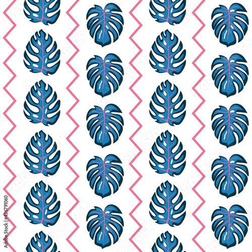 Tropical seamless pattern with blue and pink monstera leaves and vertical zigzag lines © Olha