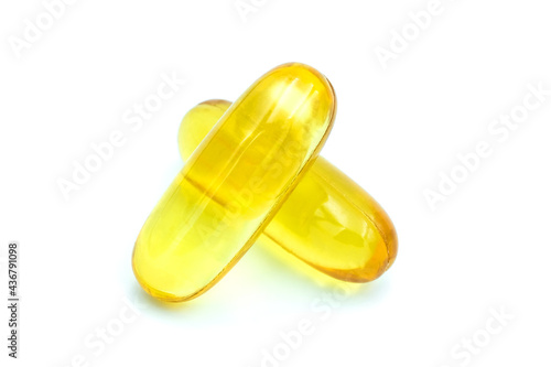 Good fatty fish oil and vitamin E supplements, health and body. on isolated white background
