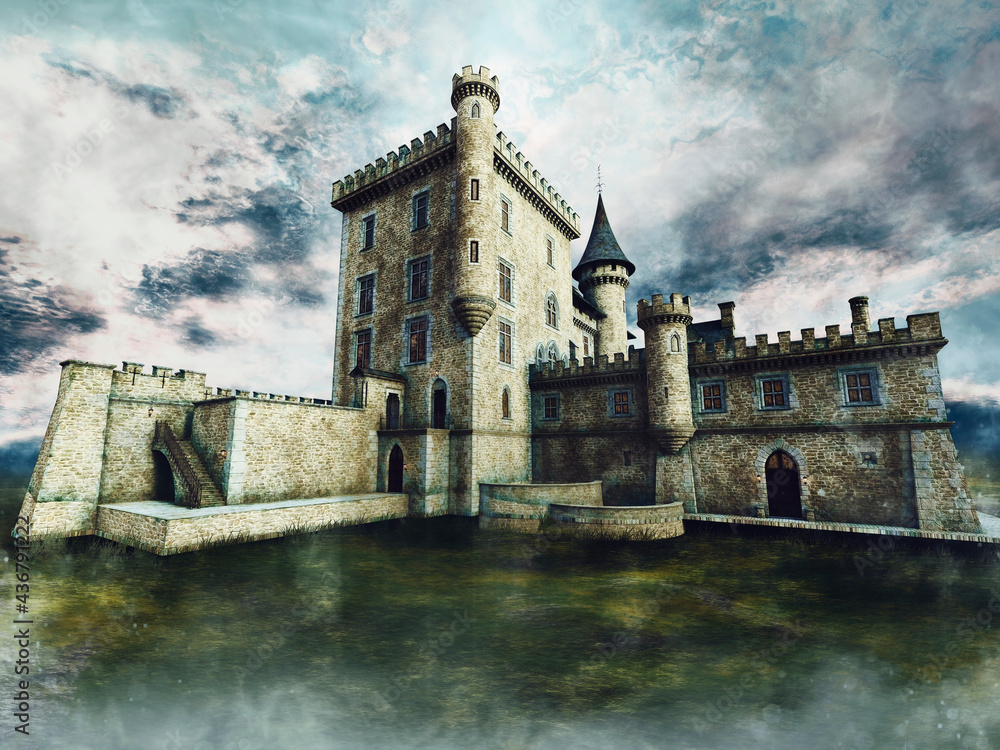 Stormy landscape with a fantasy castle with towers by the lake. 3D render. 