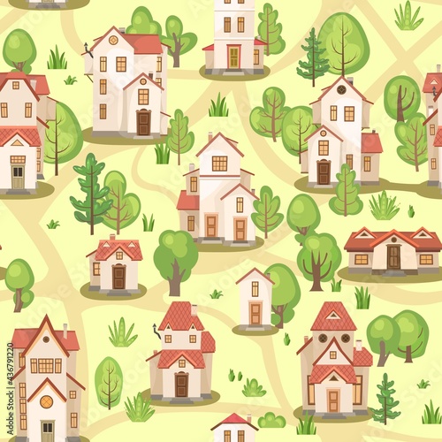 Town with roads. Map. Seamless illustration with cartoon village or city houses. Street. Day. Nice cozy private residence in traditional style. Dark background. Nice funny home. Vector