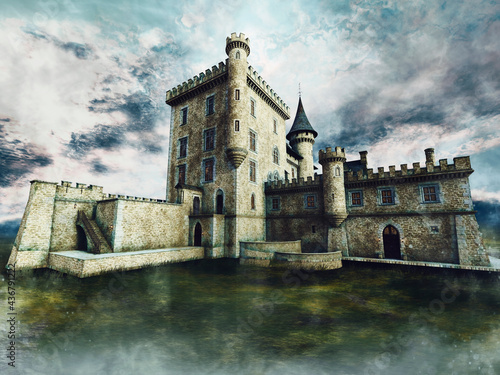 Stormy landscape with a fantasy castle with towers by the lake. 3D render. 